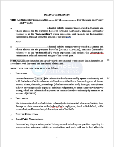 Deed of Indemnity (Company to Company) - Cymbell Attorneys